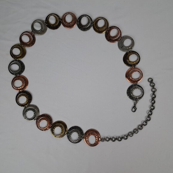 Boho Multi Tone Metal Hoop Chain Belt w/ Silver, Copper, Brass Tone Double Hoops - Picture 2 of 16